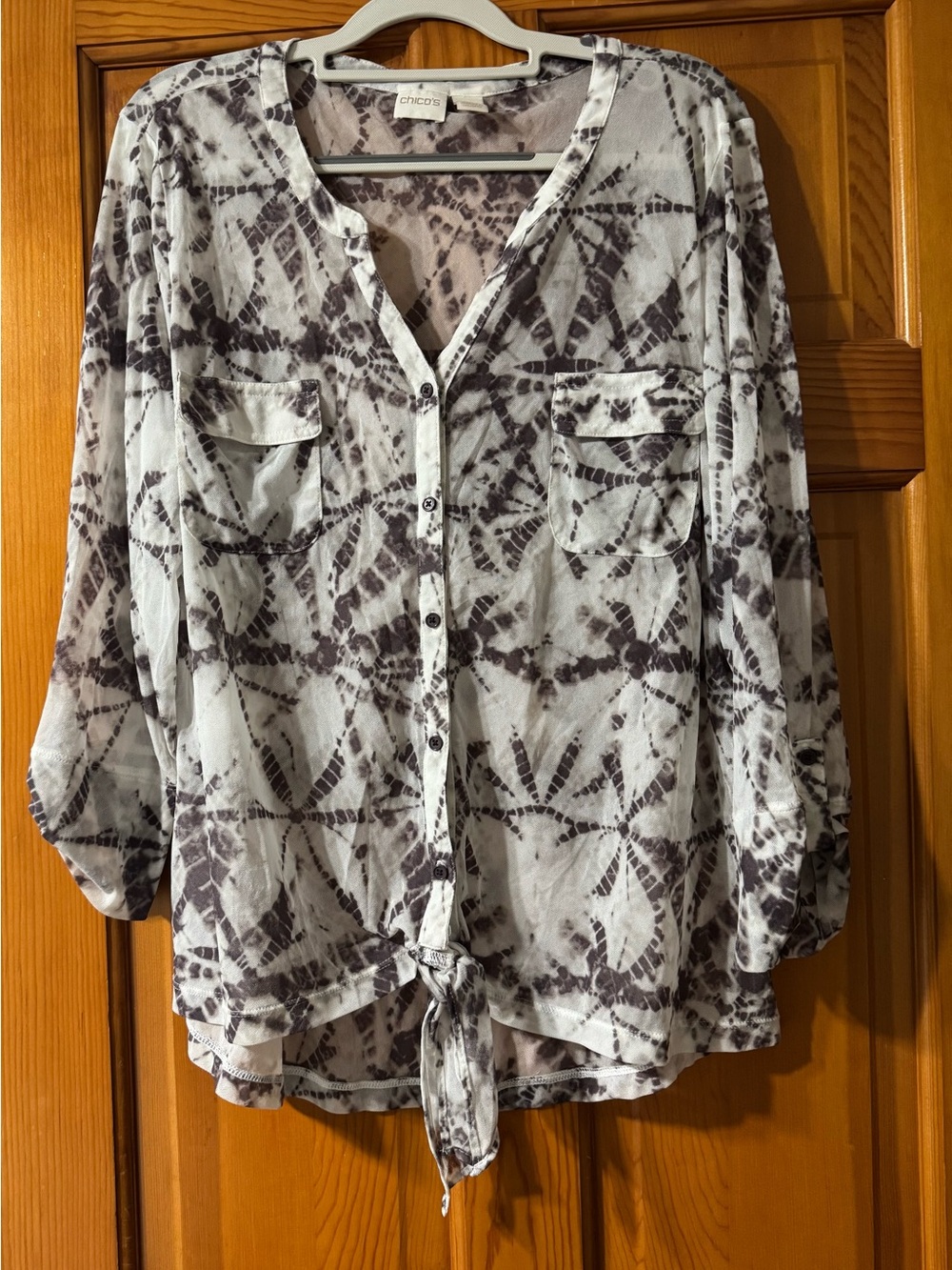 Chico's White and Charcoal Tie-Dye Button-Front Shirt with Front Tie
